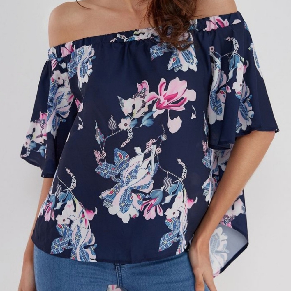 Style Dome Blue Floral Off The Shoulder Blouse,  Sz L NWT